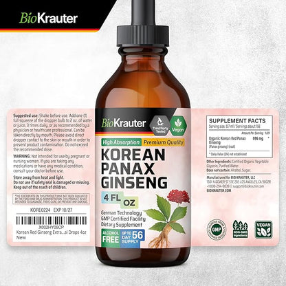 BIO KRAUTER Korean Red Ginseng Extract Liquid - Alcohol & Sugar Free Panax Ginseng Supplement - Vegan Immune Support Supplement - 4 Fl. Oz.