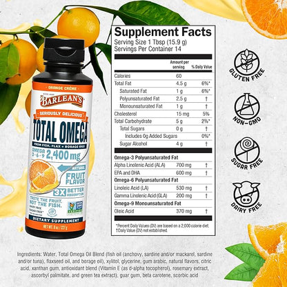 Barlean's Total Omega 3 6 9 Orange Crème Liquid Fish Oil Supplement with Borage and Flaxseed Oil, 2,400 mg of Omegas EPA and DHA Plus GLA for Joint and Heart Health, 8 oz