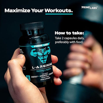Prime Labs L Arginine 1500mg - Nitric Oxide Supplement - Blood Flow, Energy, Strength, Endurance - 60 Count