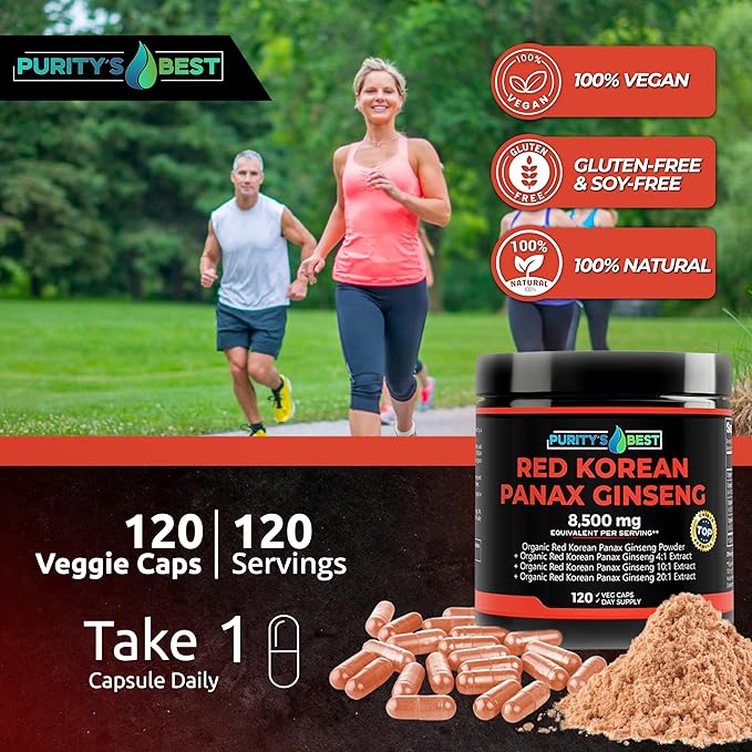 Purity’s Best RED Korean PANAX Ginseng Powder + 4X + 10x + 20x Extract, 8,500mg Eq. Per Serving, 5% Ginsenosides!, High Potency Ginsenosides for Energy, Concentration & Immune Support, 120 Capsules
