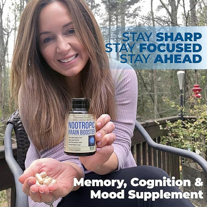 Nootropics Brain Support Supplement - Nootropic Brain Booster for Improved Focus, Concentration & Memory. Brain Nootropic for Brain Health, Mood & Energy Support. Non-GMO. Made in the USA. 60 Capsules
