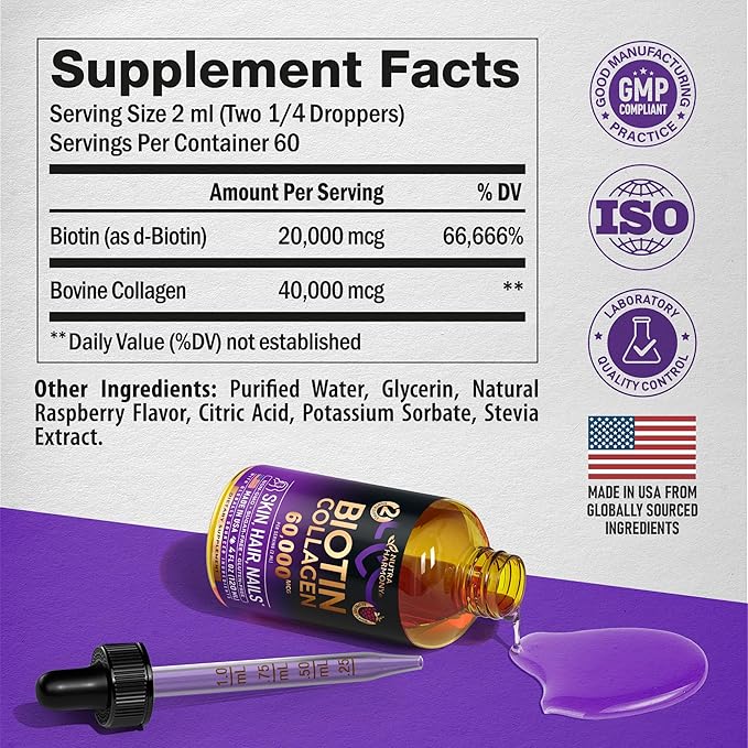 Liquid Biotin & Collagen - Vitamins for Hair Growth Support for Women & Men - Extra Strength 60000 mcg Drops - B7 Supplement - Strong Nails & Healthy Skin - 98% Faster Absorption Than Pills