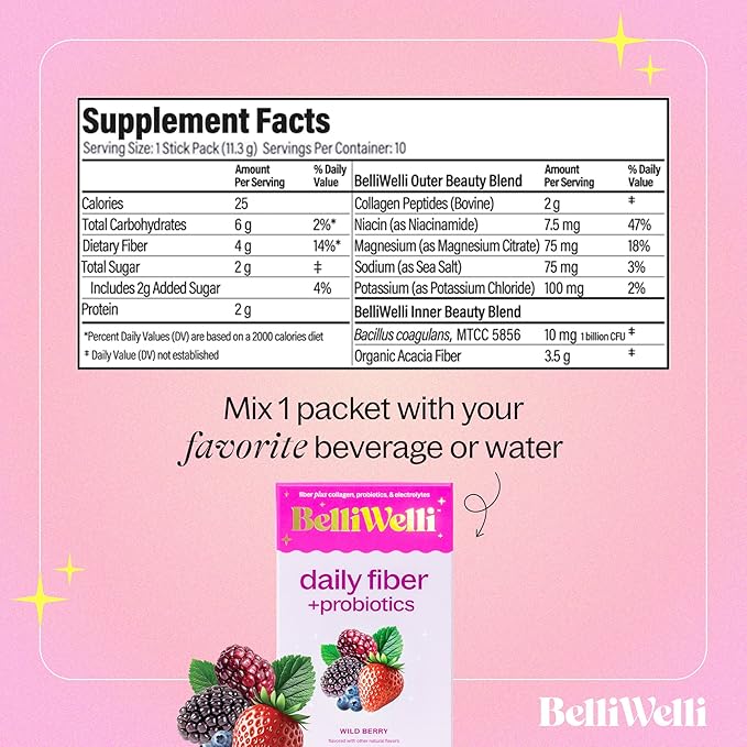Daily Fiber Supplement Packets with Collagen, Probiotics & Electrolytes | Single Serve Packets for Gut Health, Digestion & Debloating | Wild Berry | 10 Count