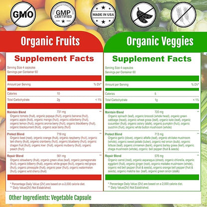 UpNourish Organic Fruits and Veggies Supplement - Support Diet Balance, Body Cleanse & Energy - 480 Fruits and Super Greens Capsules from Nature - Fruit and Vegetable Supplements for Adults & Kids