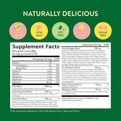 360 Nutrition Blends with Benefits Super Greens Powder w/Probiotics, Digestive Enzymes, Sugar & Gluten Free, Plant Based Superfood Drink Mix for Gut Health, Bloating, Immunity, Overall Health, 6.35 oz