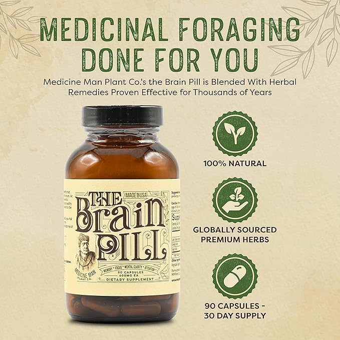 The Brain Pill 90 Capsules – Organic Brain Booster Supplement - Memory Pills for Brain w/ Ginkgo Biloba Capsules, Lion’s Mane & Sage - Brain Booster Supplement for Focus, Memory, Clarity, Energy