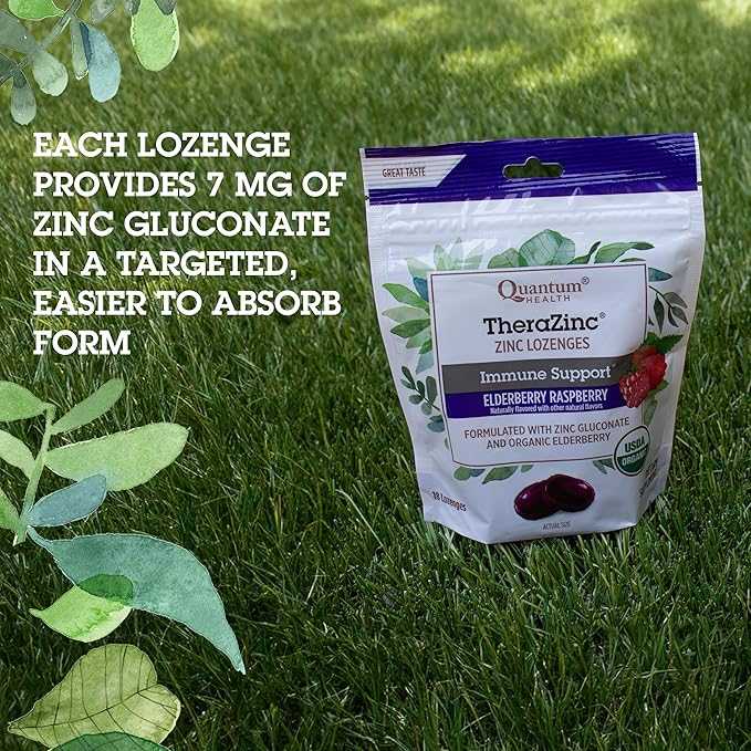 Quantum Health TheraZinc Organic Zinc Lozenges Elderberry Sambucus Raspberry & Honey Immune Support for Adults & Kids 12+ Naturally Flavored Fast Relief with No Aftertaste -18 Count (Package may vary)