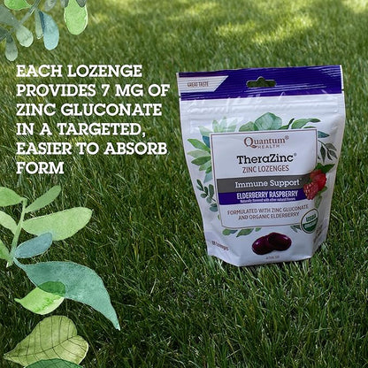 Quantum Health TheraZinc Organic Zinc Lozenges Elderberry Sambucus Raspberry & Honey Immune Support for Adults & Kids 12+ Naturally Flavored Fast Relief with No Aftertaste -18 Count (Package may vary)