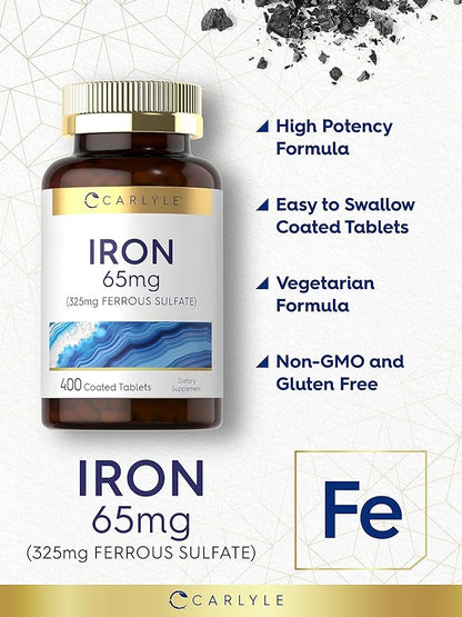 Carlyle Iron Ferrous Sulfate 365mg, 65 mg | 400 Tablets | Non-GMO, Gluten Free, and Vegetarian Supplement | High Potency