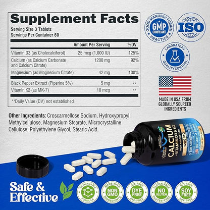 Calcium Supplement for Women - Calcium 1200 mg with Vitamin D3 & K2 - Bone Health, Strength & Density - High Absorption, Slow Release - Made in USA - Citrate & Carbonate Form - 180 Tablets for 2 Month