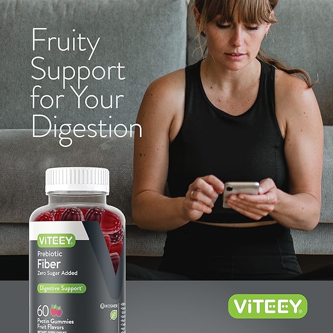 VITEEY Prebiotic Fiber Gummies for Adults, 4g - Zero Sugar Added - Fiber Supplement for Digestive Health Regularity & Natural Weight Support-Vegan, Gelatin Free - Chewable Fruit Flavored Gummy 2 Pack