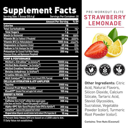 Kaged Pre Workout Powder Pre-Workout Elite for Men & Women, High Stimulant for Energy, Focus, Pumps, L-Citrulline, Beta Alanine, Creatine & 388mg of Organic Caffeine, Strawberry Lemonade