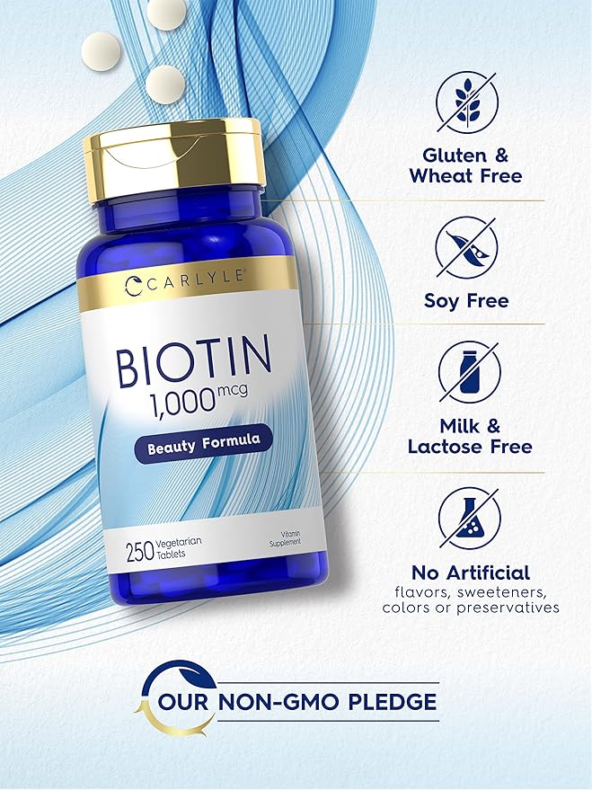 Carlyle Biotin 1000mcg | 250 Vegetarian Tablets | Beauty Formula Supplement | Non-GMO, Gluten Free