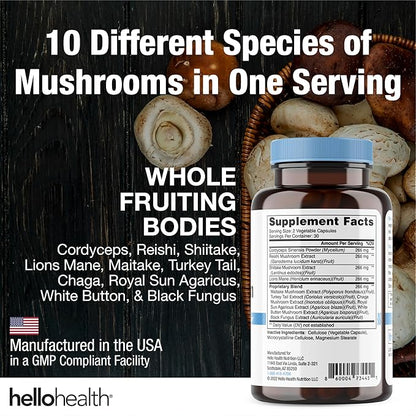 Happy Brain Mushroom Complex Nootropics Brain Support Supplement, 10 Mushroom Supplement: Lions Mane, Turkey Tail, Red Reishi, Shiitake Mushrooms for Improved Clarity, Energy, Immune Support 60ct. 2pk