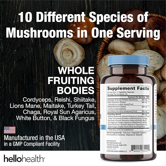 Happy Brain Mushroom Complex Nootropics Brain Support Supplement | 10 Mushroom Supplement: Lions Mane, Turkey Tail, Red Reishi, Shiitake Mushrooms for Mental Clarity, Energy & Immune Support 60 ct
