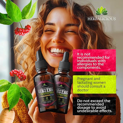 Ginseng L-Tryptophan Liquid - Ashwagandha, Ginkgo, Red Korean Panax - Drops Dietary Supplement Natural Stress Relief, Mood Booster, Sleep Aid & Calming Support - Non-GMO Vegetarian Formula (4 fl oz )