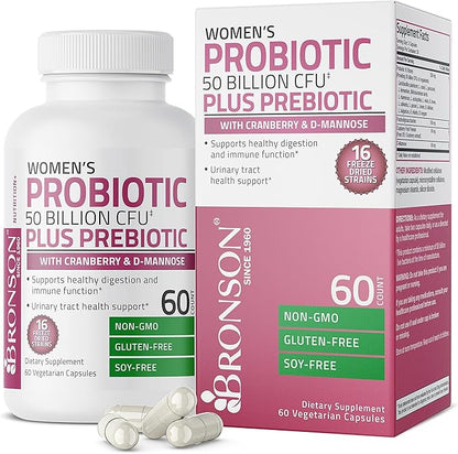 Bronson Women's Probiotic 50 Billion CFU + Prebiotic with Cranberry & D-Mannose – Vaginal Health, Healthy Digestion, Immune Function and Urinary Tract Support, Non-GMO, 60 Vegetarian Capsules