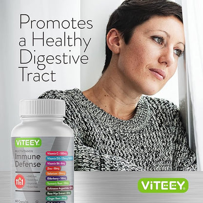 Viteey 11 in 1 Multivitamin Immune Defense Supplement - Immune Booster Capsules with Vitamin D3, Vitamin B6, Echinacea, Turmeric, Rose-HIPS, Selenium, BioPerine, Ginger, Elderberry Vitamin C and Zinc