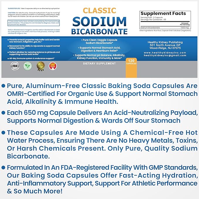 Kidney Restore Classic Sodium Bicarbonate 650mg Natural Organic Use Sodium Bicarbonate Powder Pills Sodium Bicarbonate Tablets (caps) Stomach Acid Alkalinity 120caps 2-Pack