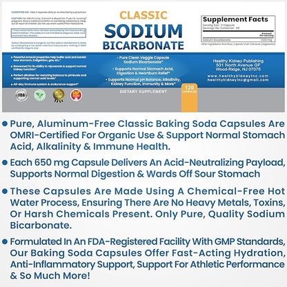 Classic Sodium Bicarbonate 650mg Natural Organic Use Sodium Bicarbonate Powder Pills Sodium Bicarbonate Tablets (caps) Stomach Acid Alkalinity 120caps