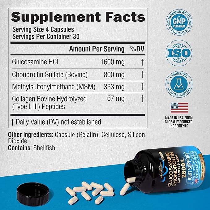 Glucosamine Chondroitin MSM Collagen | FSA HSA Eligible | Joint Support Supplement 2800 mg | Made in USA | FSA Approved Product Items | Flexibility Nutritional Vitamins | For Men & Women, 120 Capsules