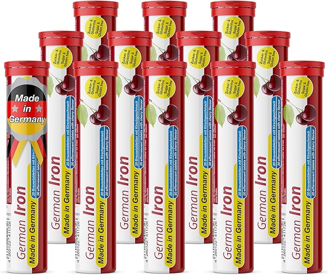 T&D German Iron 14 mg - 240 Vegan Drink Effervescent Tablets - Cherry Flavor - Made in Germany