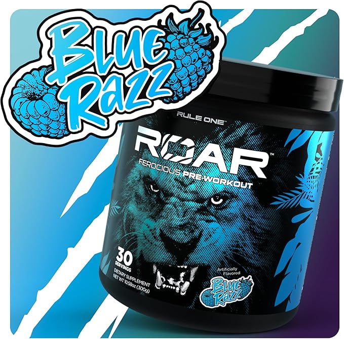 Rule 1 R1 Roar - Pre-Workout Powder with Creatine, Beta-Alanine, Citrulline, Electrolytes & Caffeine (30 Servings, Blue Razz)