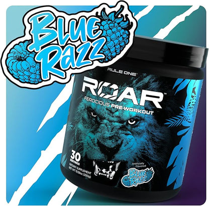 Rule 1 R1 Roar - Pre-Workout Powder with Creatine, Beta-Alanine, Citrulline, Electrolytes & Caffeine (30 Servings, Blue Razz)