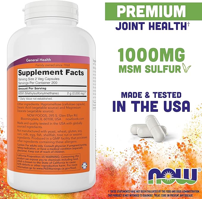 Now MSM 1000mg Veg Capsules, 400 Count Methyl-Sulphonyl-Methane, Made in USA, Sulfur Supplement, Joint Health, Non-GMO, Vegan Vegetarian Friendly