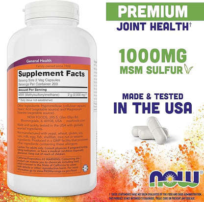 Now MSM 1000mg Veg Capsules, 400 Count Methyl-Sulphonyl-Methane, Made in USA, Sulfur Supplement, Joint Health, Non-GMO, Vegan Vegetarian Friendly