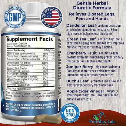 Water Away Gentle Herbal Diuretic - Natural Diuretic Water Pills - Relieve Bloating, Reduce Excess Water Weight with Dandelion Leaf, Green Tea, Detox Cleanse & Urinary Health. Non-GMO, 60 Capsules