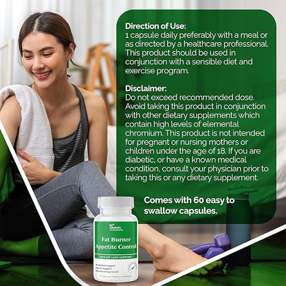 DR VITAMIN SOLUTIONS Fat Burner & Appetite Control Weight Loss Supplements for Women & Men - Metabolism Booster w/L-Carnitine, CLA, Chromium - Appetite Suppressant for Weight Loss - 60 Capsules