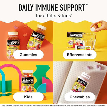 Airborne Vitamin C 1000mg (per Serving) - Citrus Chewable Tablets (96 Count in a Box), Gluten-Free Immune Support Supplement with Vitamins A C E, Zinc, Selenium, Echinacea, Ginger, Antioxidants