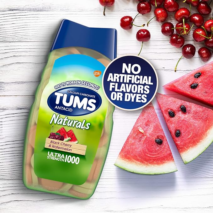 TUMS Naturals Ultra Strength Antacid Chews for Heartburn Relief, Black Cherry & Watermelon - 56 Count (Pack of 2)
