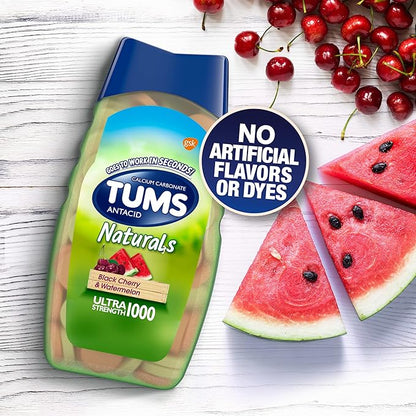 TUMS Naturals Ultra Strength Antacid Chews for Heartburn Relief, Black Cherry & Watermelon - 56 Count (Pack of 2)