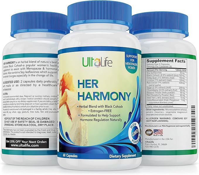 Her Harmony Menopause Supplements for Women - Hot Flashes Menopause Relief & Hormone Balance for Women - Contains Black Cohosh, Dong Quai, Red Clover & More - Estrogen Free - 60 Capsules