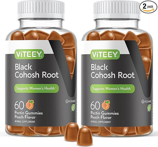 Viteey Black Cohosh for Menopause for Women - Hot Flashes and Night Sweats Relief Supplements - Black Cohosh Root - Vegan, Gelatin Free, Gluten Free, GMO Free - Tasty Chewable Peach Flavored Gummy