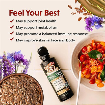 Barlean's Omega Twin Liquid Flaxseed Oil and Pure Borage Oil Supplement with Lignans, 6,010mg ALA and 465mg GLA Omega Fatty Acids from Organic Flax Seed and Cold Pressed Borage Seeds, 12 oz