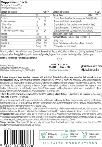 JSHealth Super Greens Powder - Greens & Collagen Powder - Superfood Powder with Marine Collagen Peptides, Vitamins & Veggies, 30 Servings