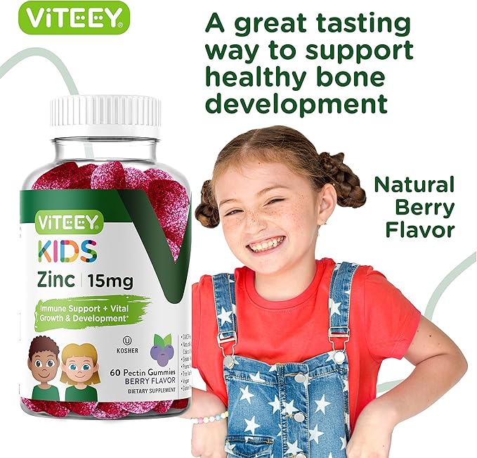 Zinc for Kids Gummies, 15mg - Immune Support - Powerful Natural Antioxidant, Kids Zinc Vitamin Supplement - Vegan, Gelatin Free, Gluten Free - Tasty Chewable Berry Flavor Gummy