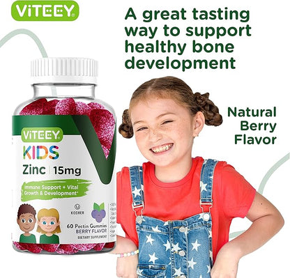 Zinc for Kids Gummies, 15mg - Immune Support - Powerful Natural Antioxidant, Kids Zinc Vitamin Supplement - Vegan, Gelatin Free, Gluten Free - Tasty Chewable Berry Flavor Gummy