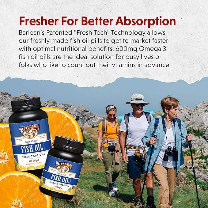 Barlean's Fish Oil Omega 3 Supplement, EPA and DHA Fatty Acid Softgels, 1000mg Orange Flavored Fish Oil Pills, 100 Count