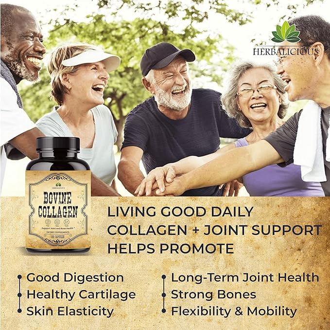 Bovine Collagen Supplements for Men and Women I Hydrolyzed Grass Fed Bovine Collagen Peptides Dietary Supplement for Joint, Nerve & Bone Support - Non-GMO, Anti-Aging - 100 Capsules