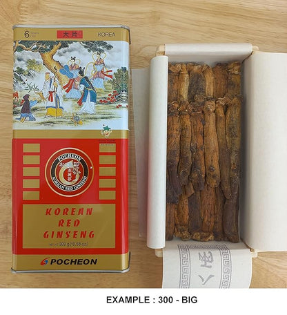 Pocheon 300g(10.6oz) Korean Canned Dried Panax Red Ginseng 6 Years Cut Grade 300-Small (34 Roots), Natural Immune Support