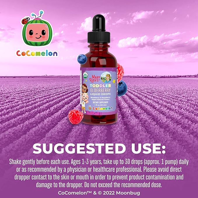 MaryRuth Organics Cocomelon Toddler Elderberry Syrup, USDA Organic Elderberry, Sugar Free Kids Immune Support Supplement for Ages 1-3 Years, Clean Label Project Verified®, Vegan, Gluten Free, 1 Fl Oz