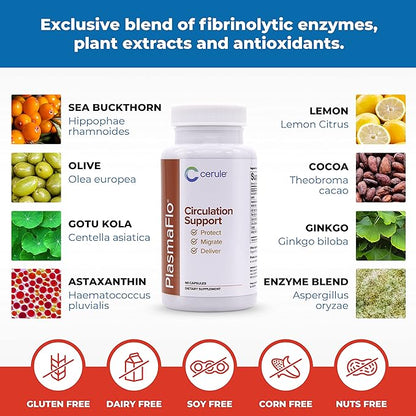 Cerule Plasmaflo Blood Flow Supplement to Support Bloods Circulation in Veins, Capillaries, Vessels and Heart for Vascular Health with a Proprietary Enzyme Blend, Gotu Kola and Ginkgo Biloba