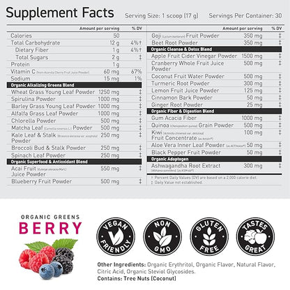 Kaged Organic Greens Superfood Powder, Outlive100 Berry, Supergreens, Apple Cider Vinegar, Ashwagandha, 30 Servings
