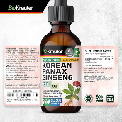 BIO KRAUTER Panax Ginseng Extract Liquid - Korean Red Ginseng Supplement Alcohol Free - Immune Support - Vegan, Sugar Free - 2 Fl.Oz.