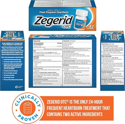 Zegerid OTC, Omeprazole Plus Sodium Bicarbonate, 24 Hour, Proton Pump Inhibitor (PPI), Heartburn Medicine, Acid Reducer, Two 42ct Cartons