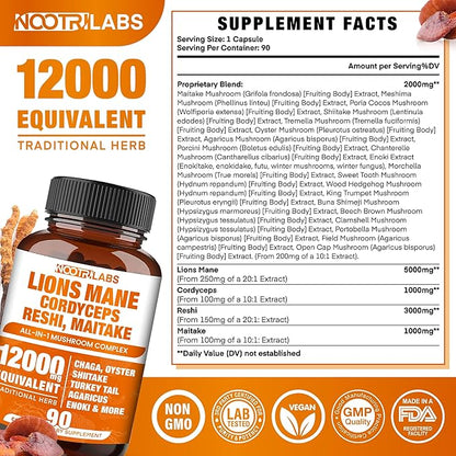 Mushroom Complex 12000mg Capsules - Lions Mane, Cordyceps, Reshi, Maitake - Nootropics Brain, Boosts Memory, Energy, Cognitive Function & Improves Focus, Immune System, Antioxidant - 90 Vegan Capsules
